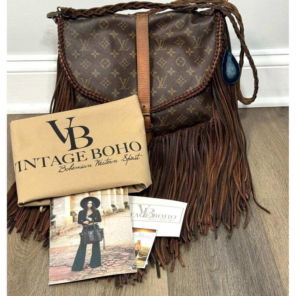 Vtg Boho Upcycled Louis Vuitton Monogram Fringe Crossbody Bag Western with Charm - Picture 4 of 16